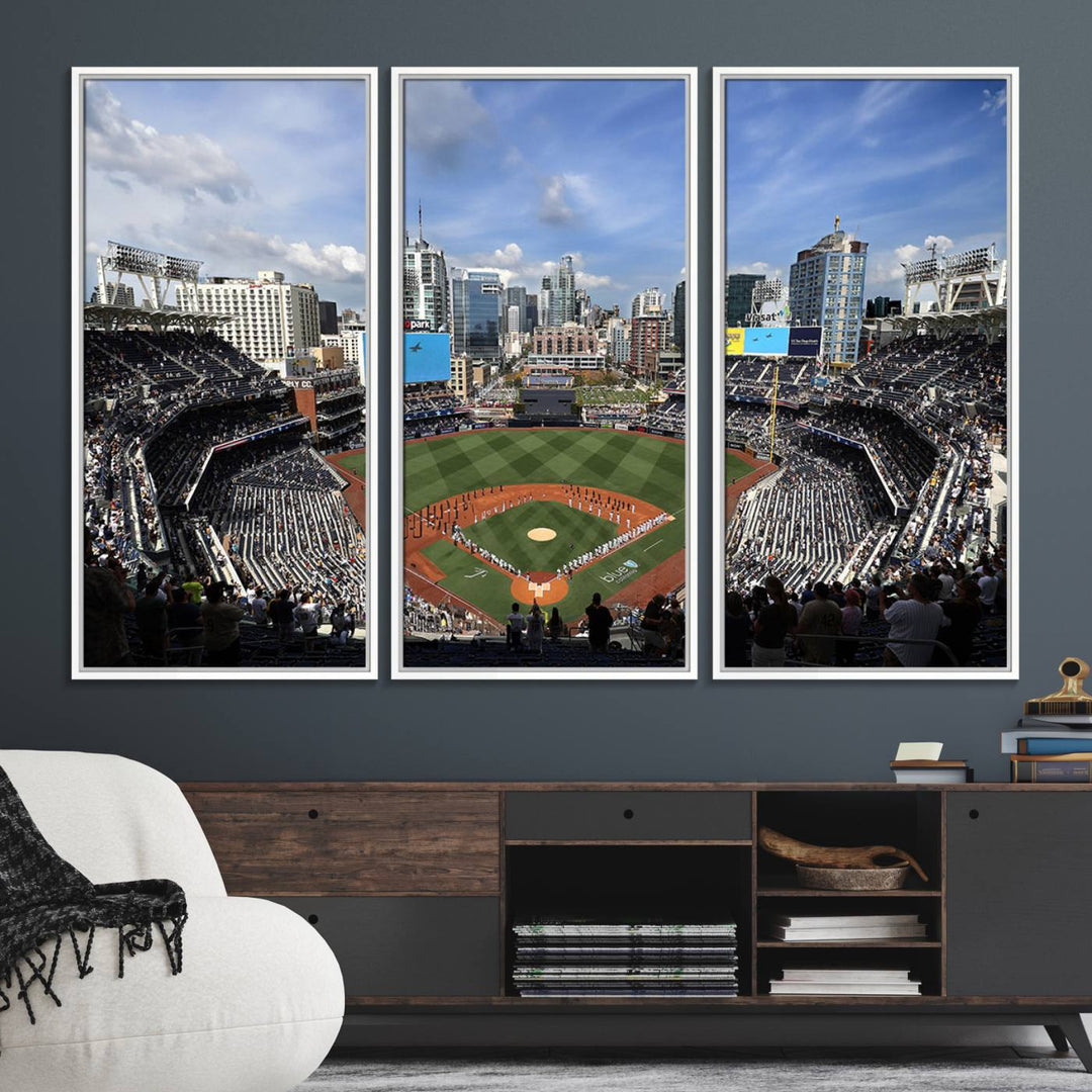 The San Diego Padres Baseball Canvas Print of Petco Park enhances the modern kitchen-dining area.