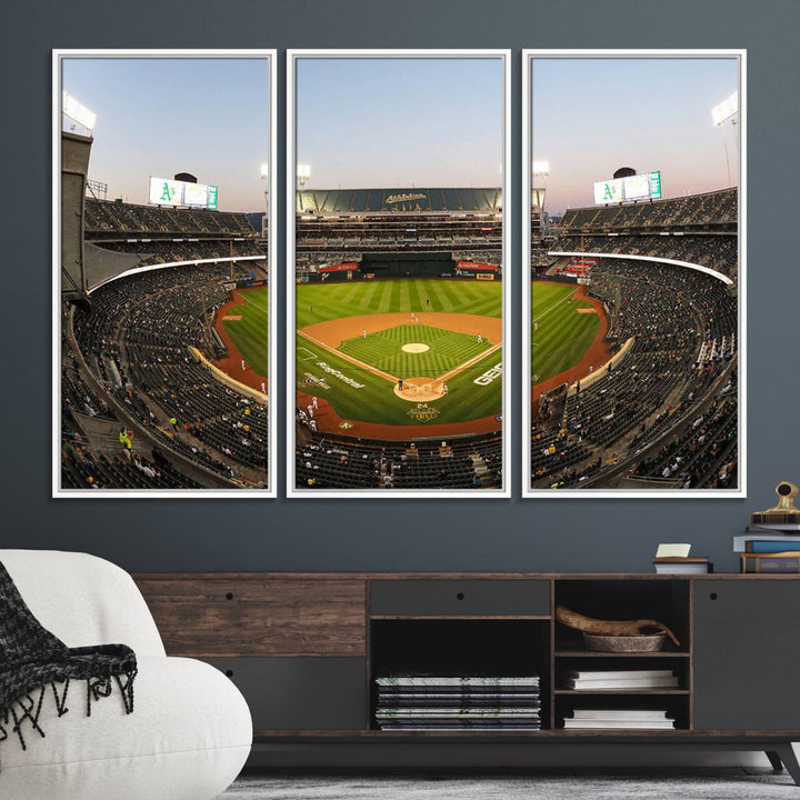 Oakland Athletics wall art canvas featuring the interior of RingCentral Coliseum Stadium.