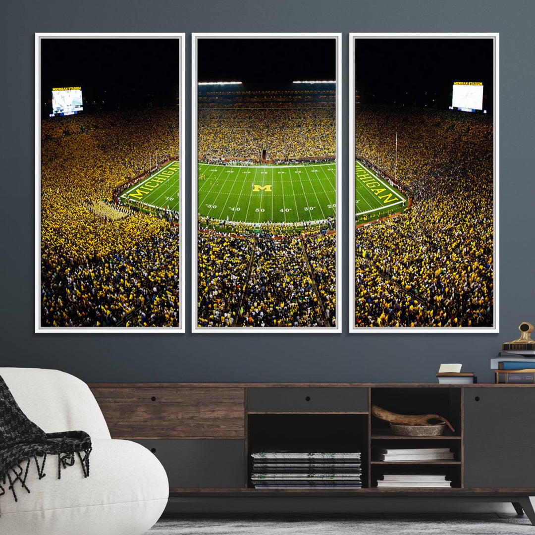 Aerial view of Michigan Stadium night game, ideal for Michigan Wolverines Football Team displayed on a triple canvas wall art.