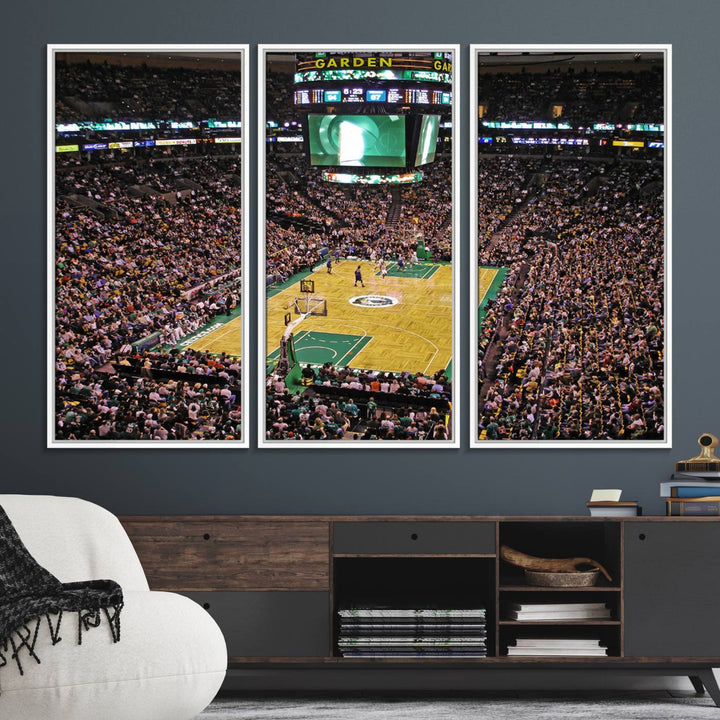 A vibrant depiction of a TD Garden basketball game is beautifully captured in the Boston Celtics Triple Canvas Wall Art, which comes framed and ready to hang.