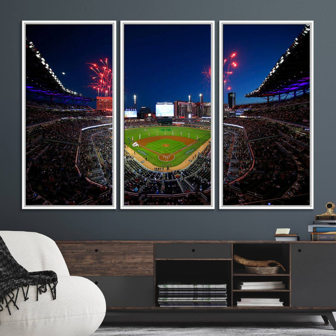 Truist Park wall art: fireworks over a Braves crowd, a large 3-panel canvas, framed and ready-to-hang.