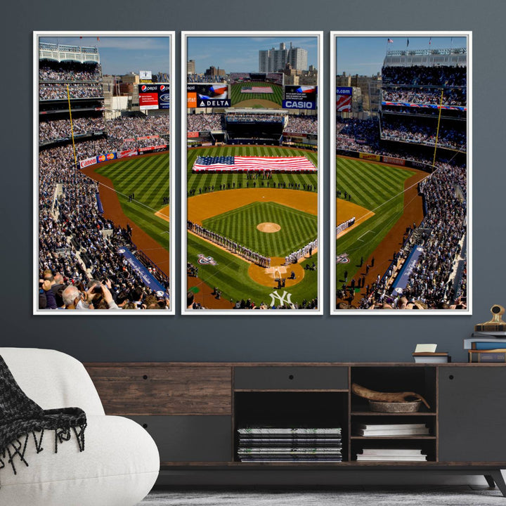 The Yankee Stadium New York wall art print features a vibrant scene of baseball fans with a large flag and players, expertly capturing the spirit of the game. This ready-to-hang décor is perfect for adding a dynamic touch to any space.