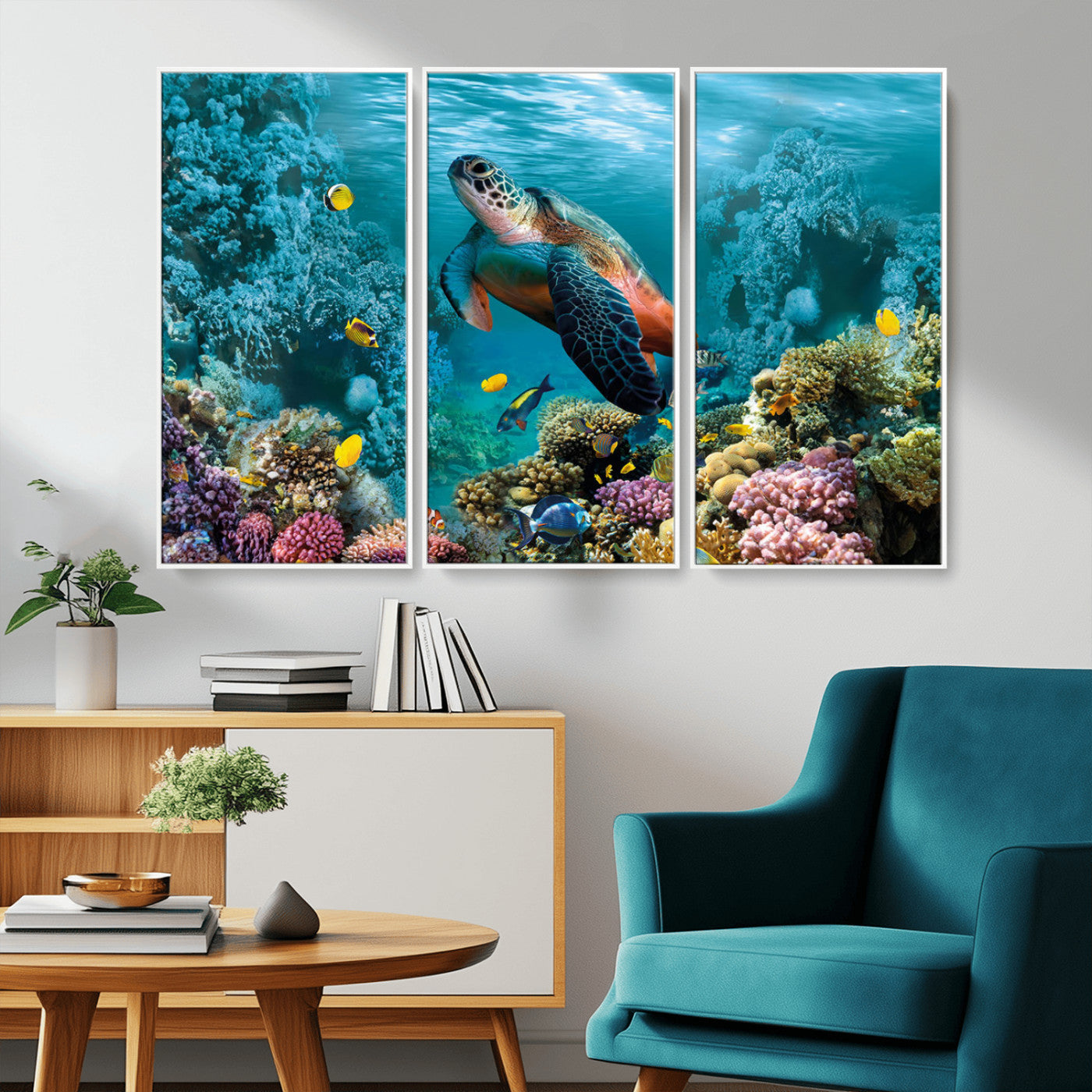 MGV-FC-48X32-3P - Sea Turtle and Coral Reef Triptych Wall Art – Vibrant Underwater Scene Canvas Set for Ocean Lovers and Coastal Decor – Ready to Hang 3-Panel Artwork