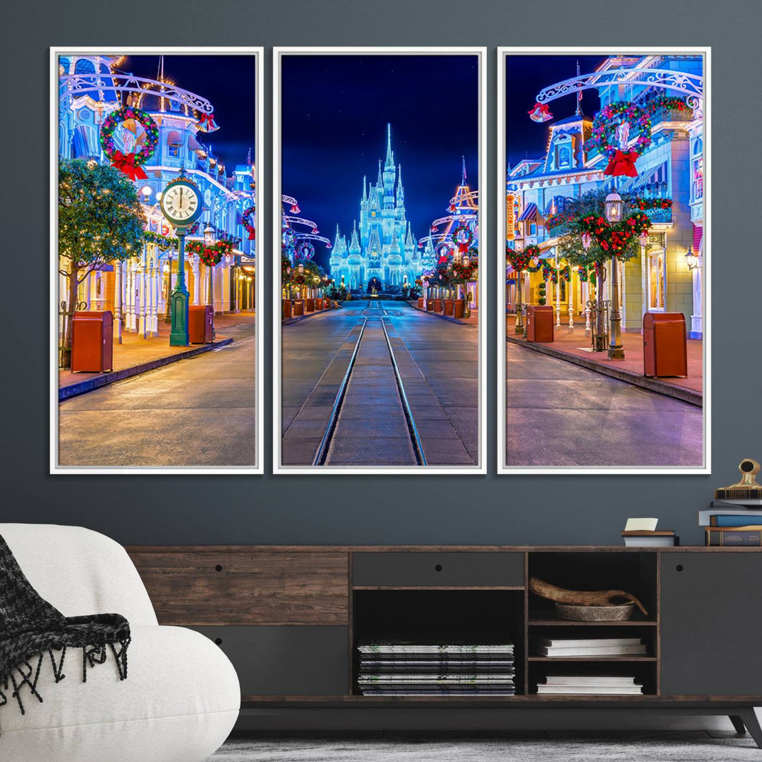 Disney wall art featuring a fantasy castle street at night.