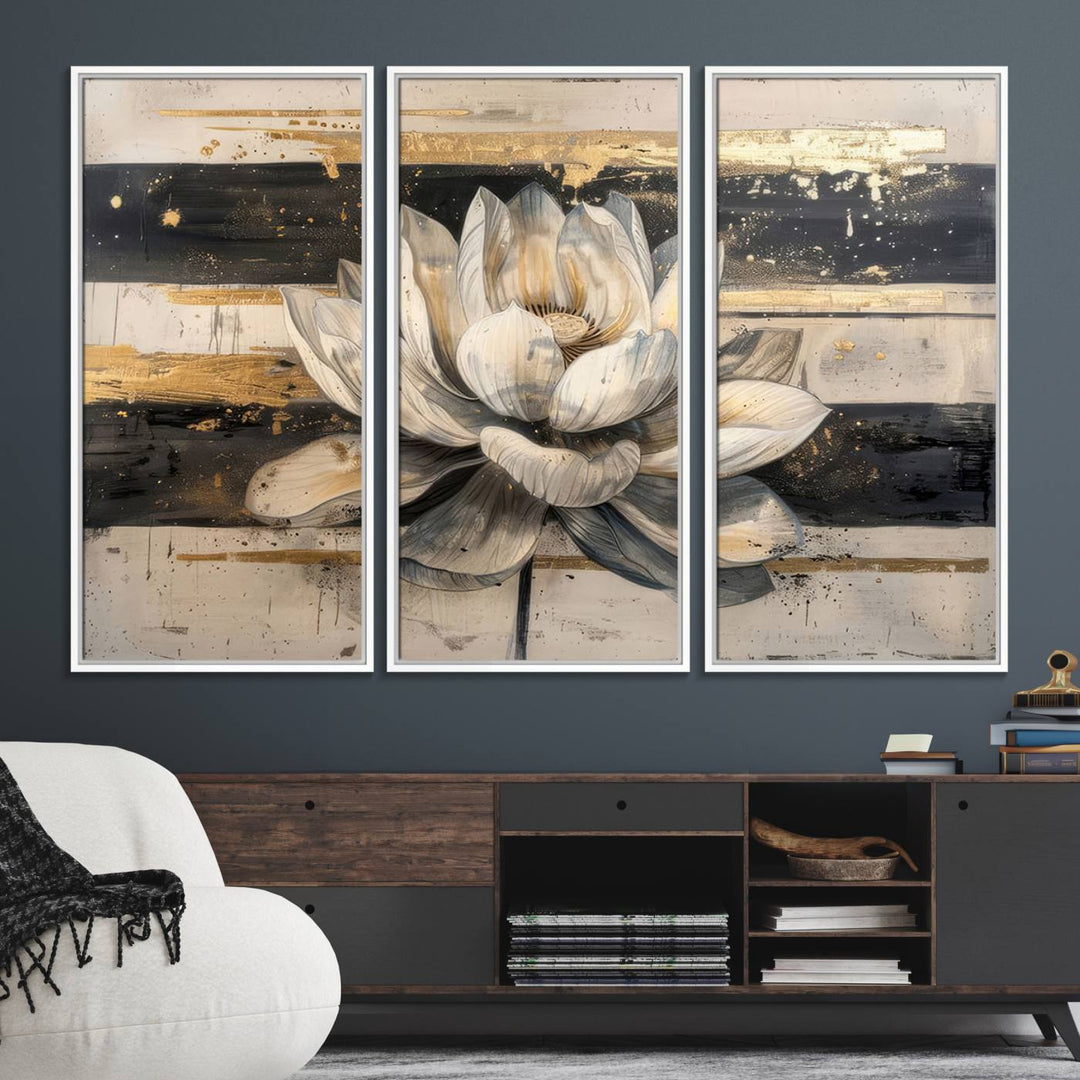 The wall is adorned with an Abstract Lotus Flower Wall Art Canvas Print.