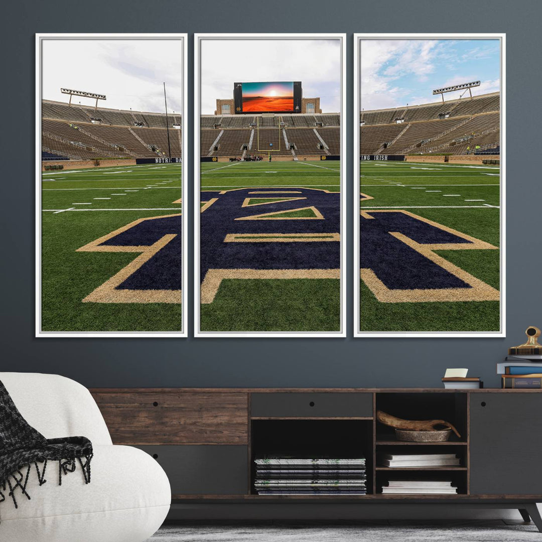 Notre Dame Stadium Triptych: This ready-to-hang giclee canvas print features a vibrant depiction of the football field adorned with an A logo and a stunning sunset.