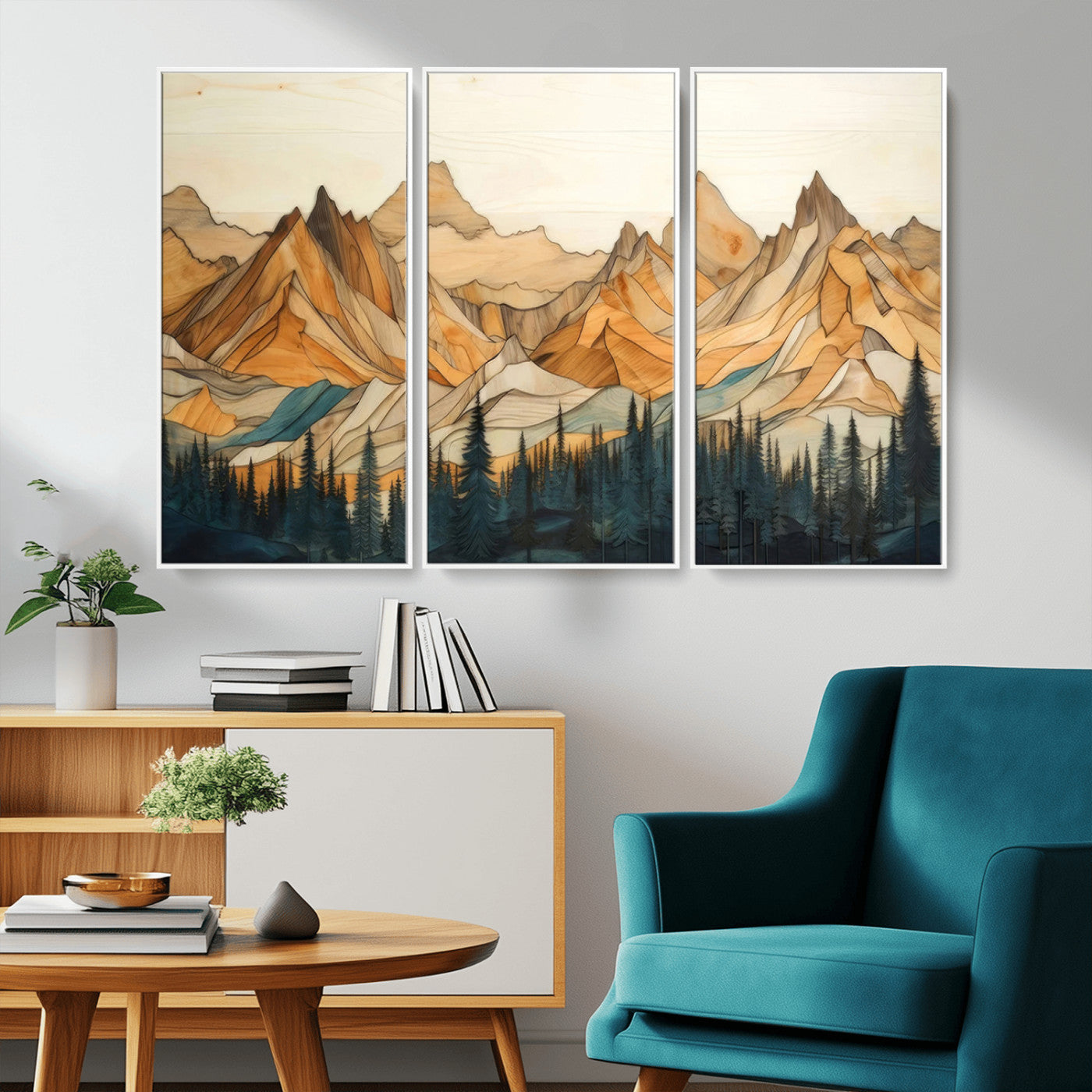 -Rustic Wood Mountain Wall Art Print | Triptych Giclee Print Featuring Handcrafted Forest and