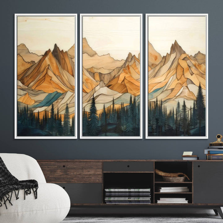 A triptych giclee print of mountains decorates the wall above the counter.