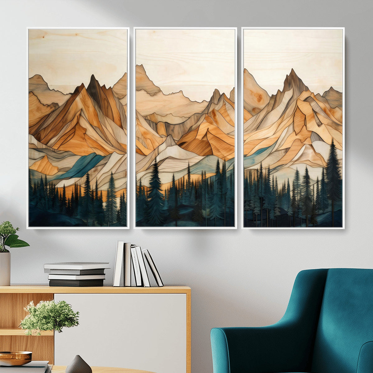 31576-PAN-FL-20X10 - Rustic Wood Mountain Wall Art Print | Triptych Giclee Print Featuring Handcrafted Forest and