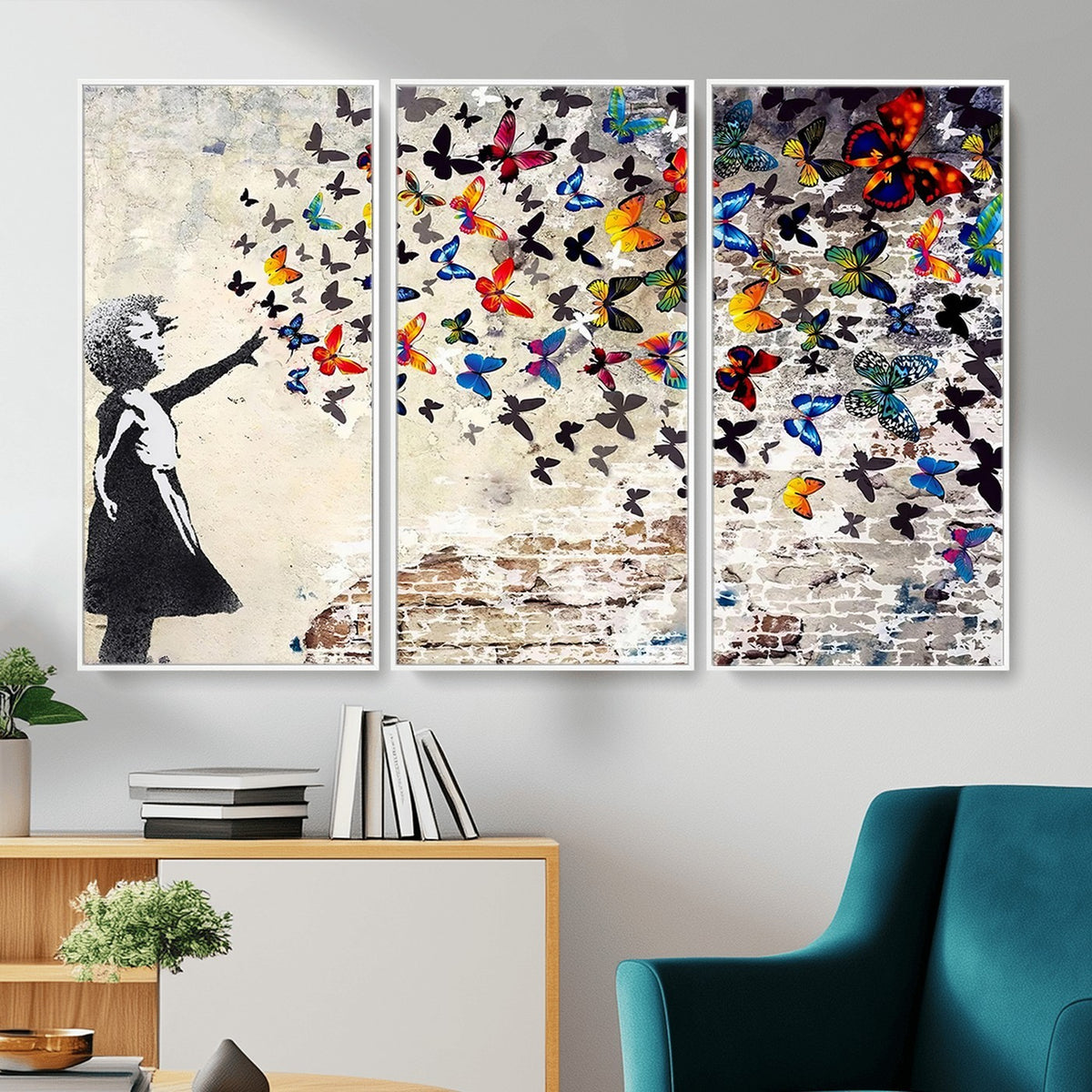 97895-MGV-CV-24X16 - Banksy Graffiti Wall Art Canvas Print, Girl Releasing Vibrant Butterflies