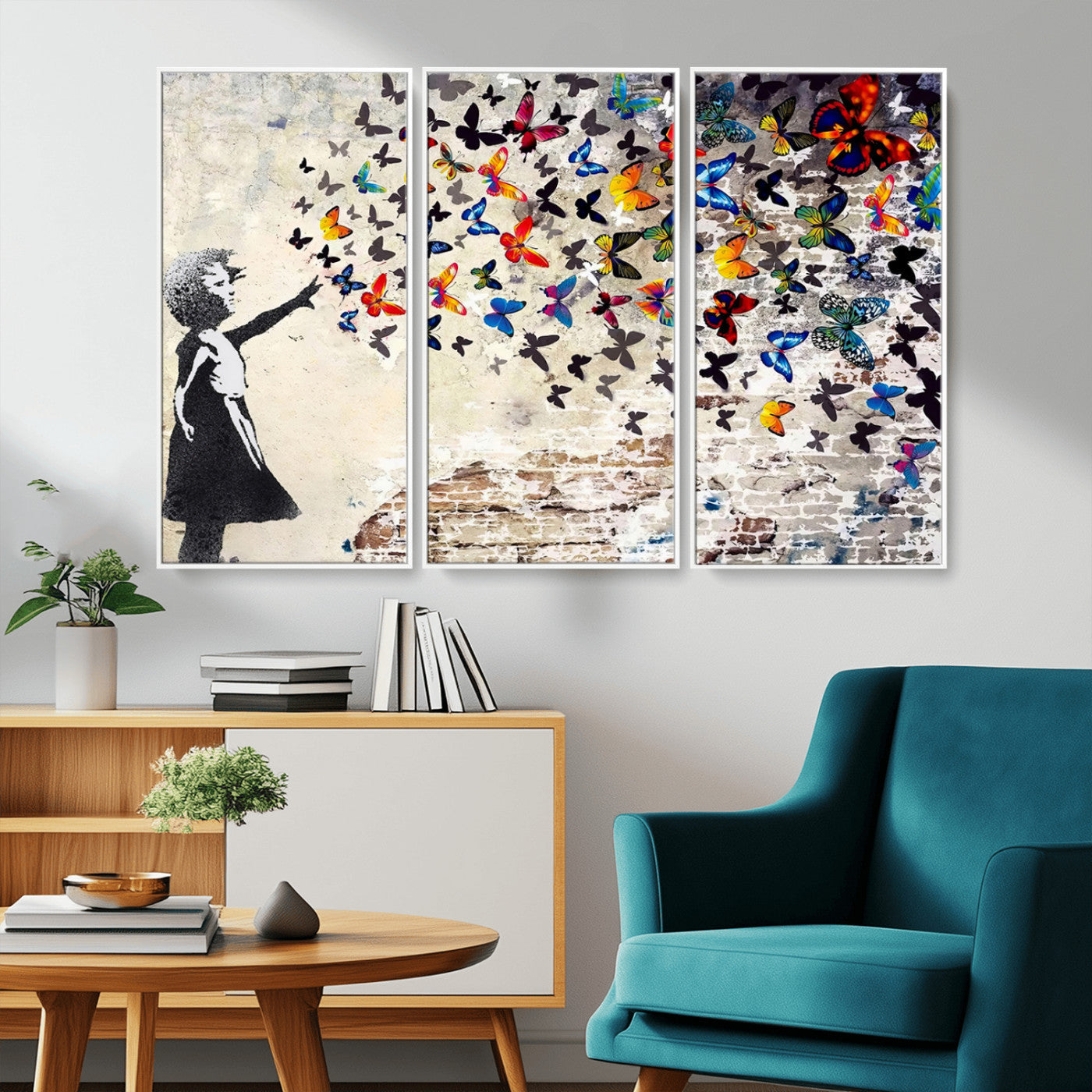 MGV-FC-48X32-3P - Banksy Graffiti Wall Art Canvas Print: Girl Releasing Vibrant Butterflies – Ready to Hang