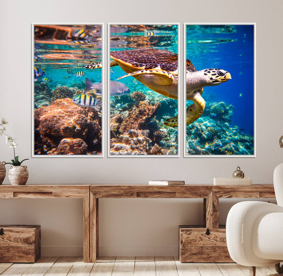 A Sea Turtle Wall Art Canvas Print features a colorful turtle swimming among coral. This artwork is ready to hang.