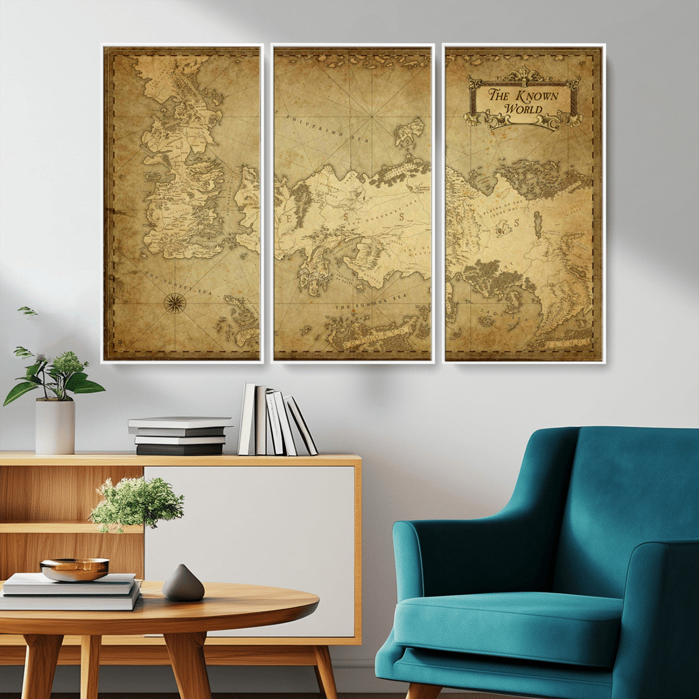 MGV-FC-48X32-3P - Vintage Game of Thrones Map Wall Art | Westeros and Essos Antique Style Print | The Known World in Triptych Canvas | Giclee Canvas for Fantasy Lovers