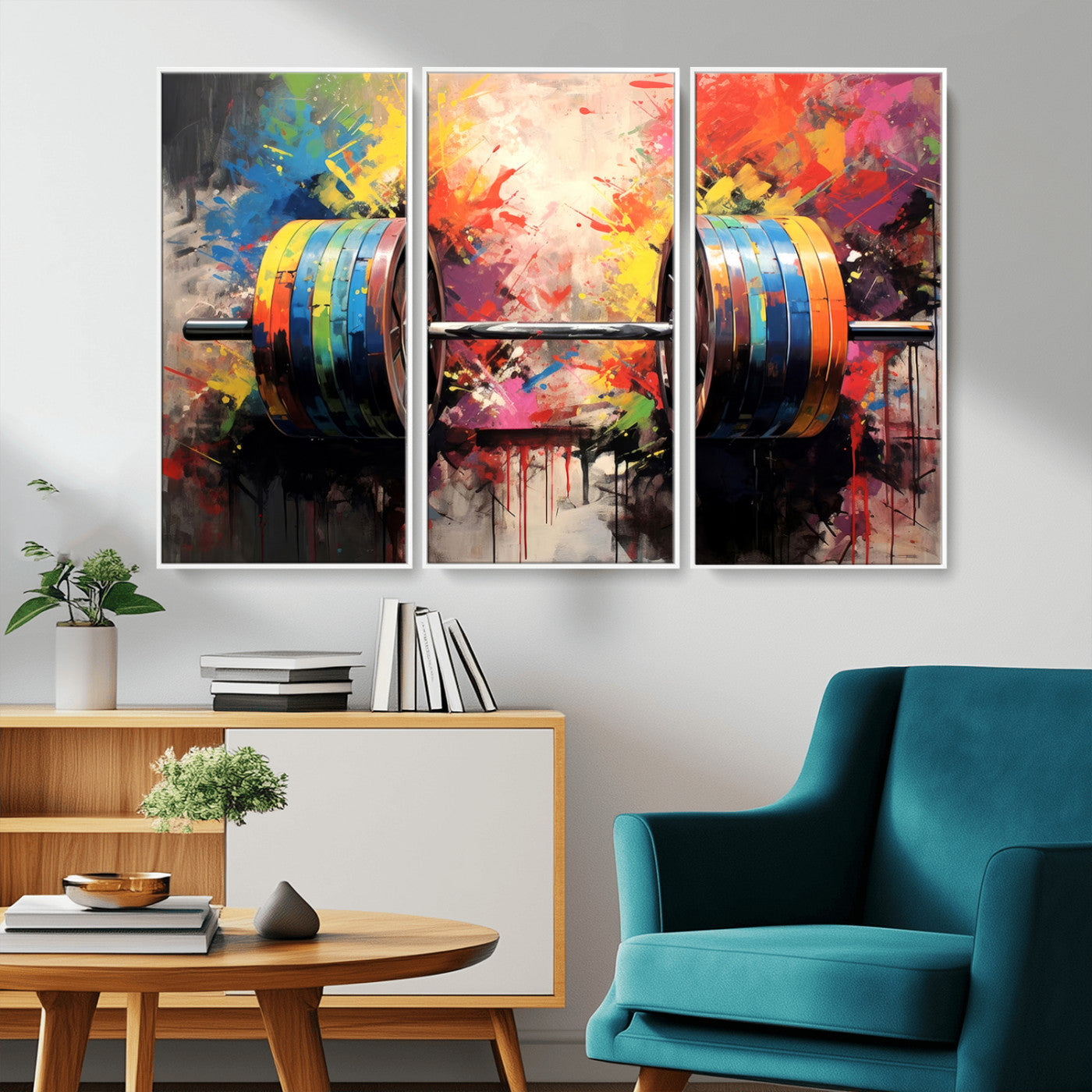 MGV-FC-48X32-3P - Weightlifting Barbell Art Triptych, Bold Abstract Fitness Wall Decor for Gym or Home, Giclee Canvas Print