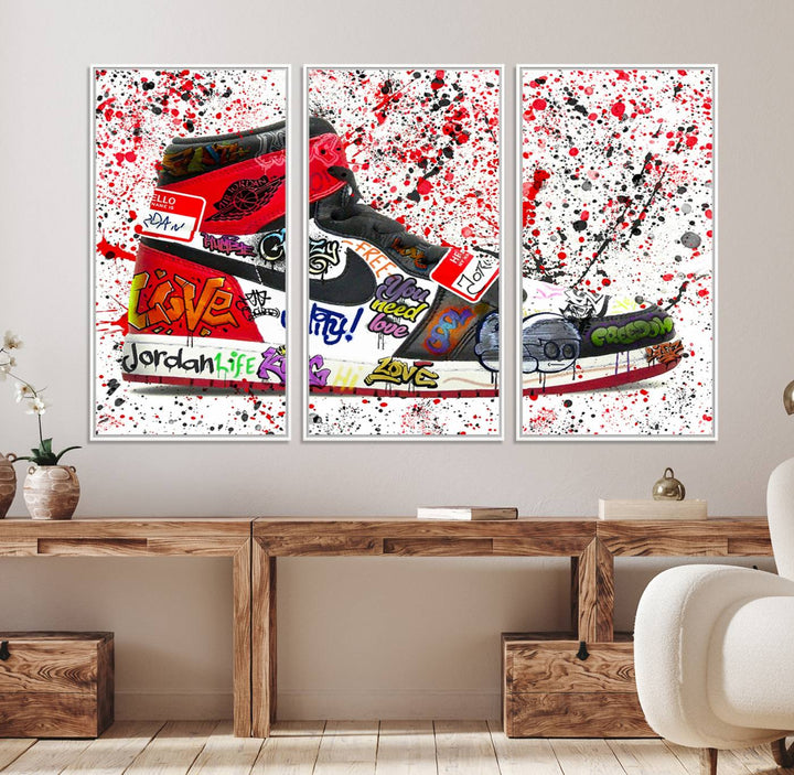 A Jordan Shoes Graffiti Canvas Print hangs prominently, perfect for sneakerheads and urban art lovers.