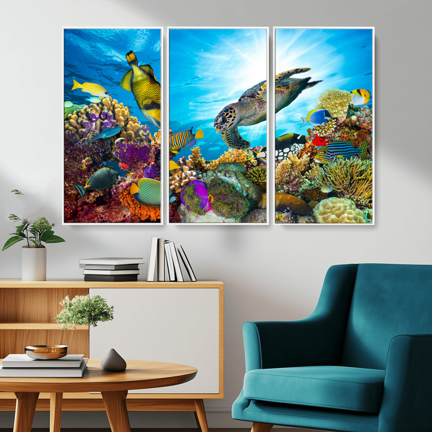 -Colorful Coral Reef and Sea Life Turtle Canvas Print, Underwater Tropical Ocean Wall Art for Home