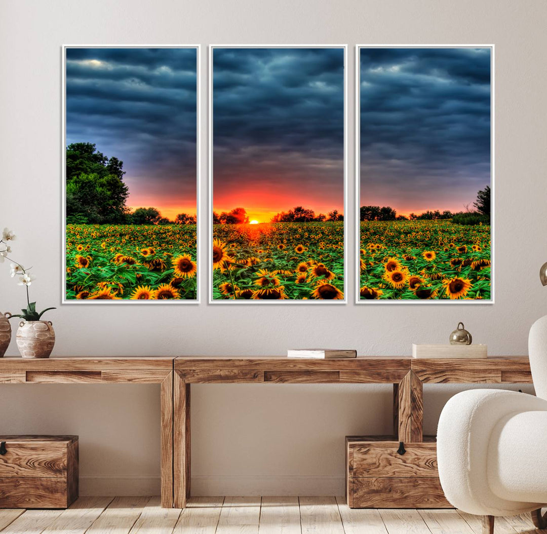 A Golden Sunflower Field at Sunset ready-to-hang wall art canvas print.