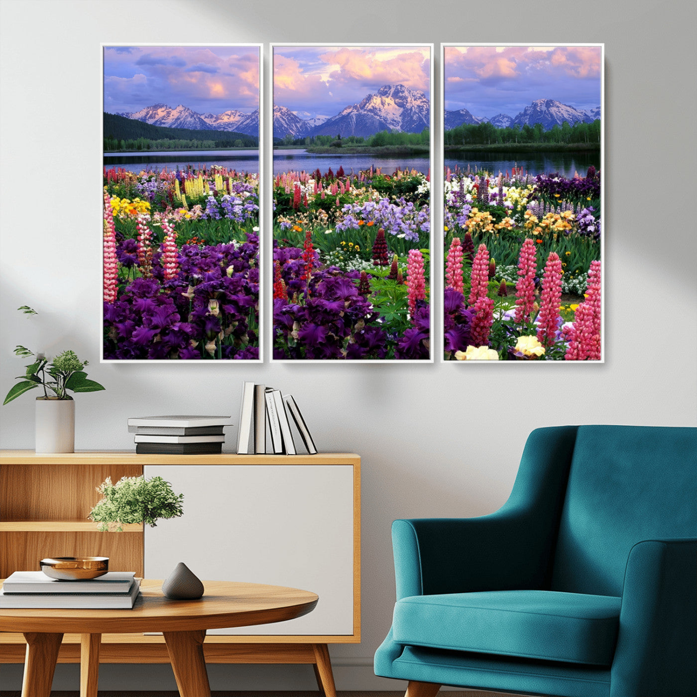 MGV-FC-48X32-3P - Vibrant Wildflower Garden and Mountain View Giclee Canvas Print | Floral Wall Art for Living Room