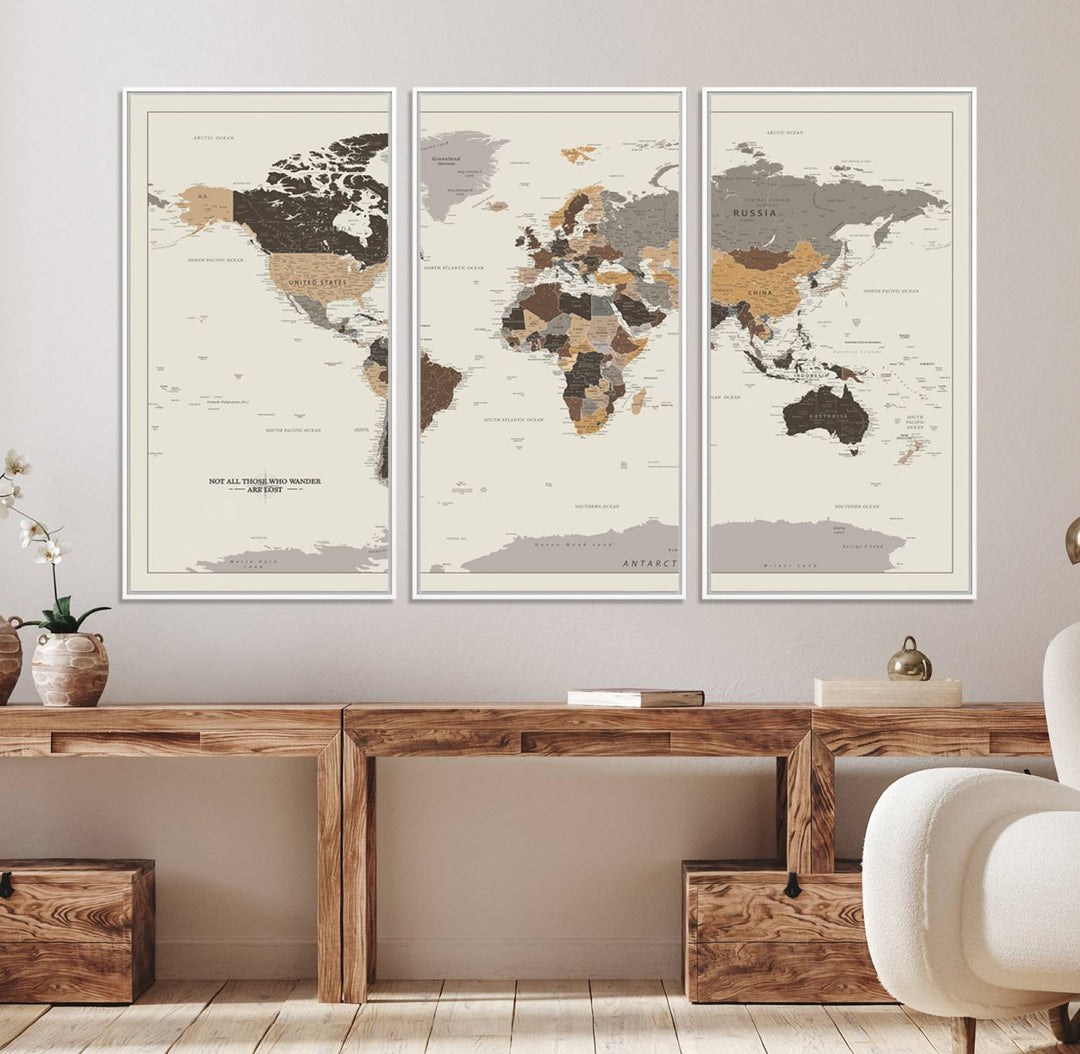 Antique-style world map canvas print with Not all those who wander are lost, perfect for vintage decor.