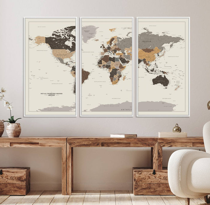 Antique-style world map canvas print with Not all those who wander are lost, perfect for vintage decor.