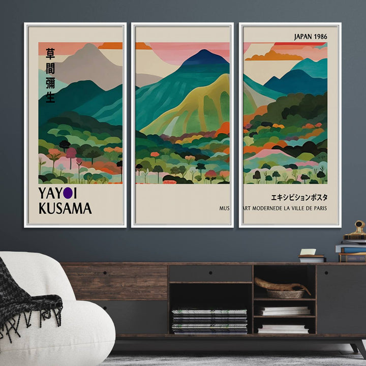 Vibrant Kusama landscape canvas featuring floral mountains and botanical decor, ideal for a modern home.