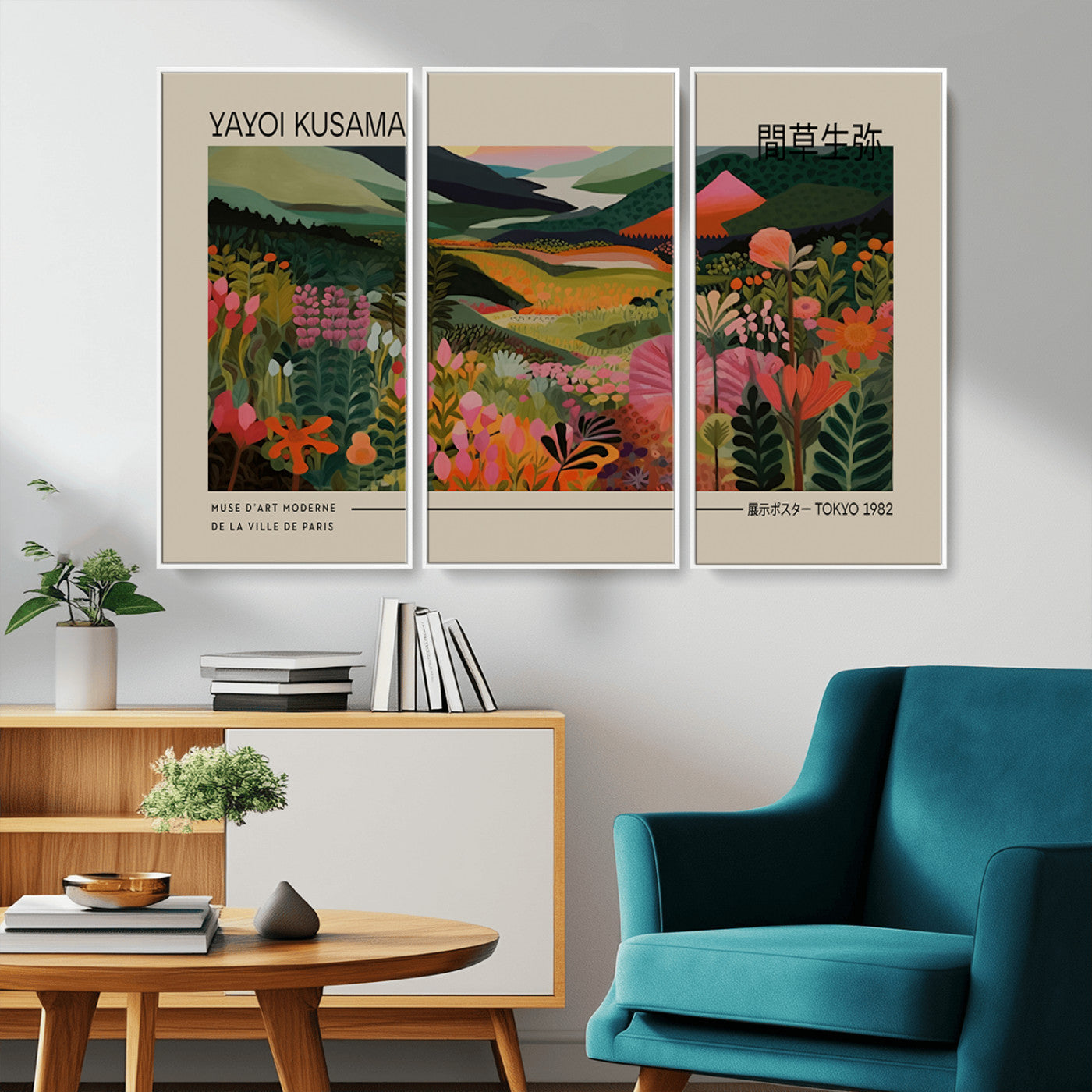 MGV-FC-48X32-3P - Yayoi Kusama Landscape Canvas Print, Vibrant Floral Mountain Art Print, Botanical Flower Nature