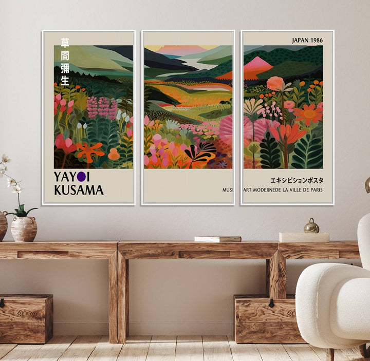 Yayoi Kusamas Landscape Canvas Print with vibrant floral mountain art adorns the wall.