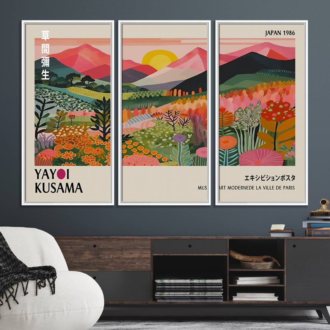 The wall art includes a vintage world map and Yayoi Kusamas colorful landscape.