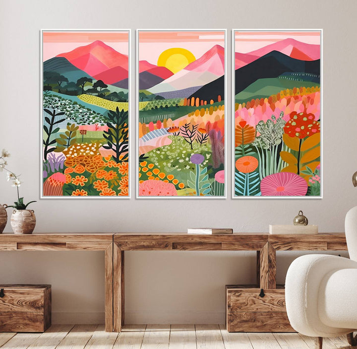 Vibrant abstract landscape canvas: Yayoi Kusama 1986 wall art print featuring mountains, sun, and flowers. Ready-to-hang.