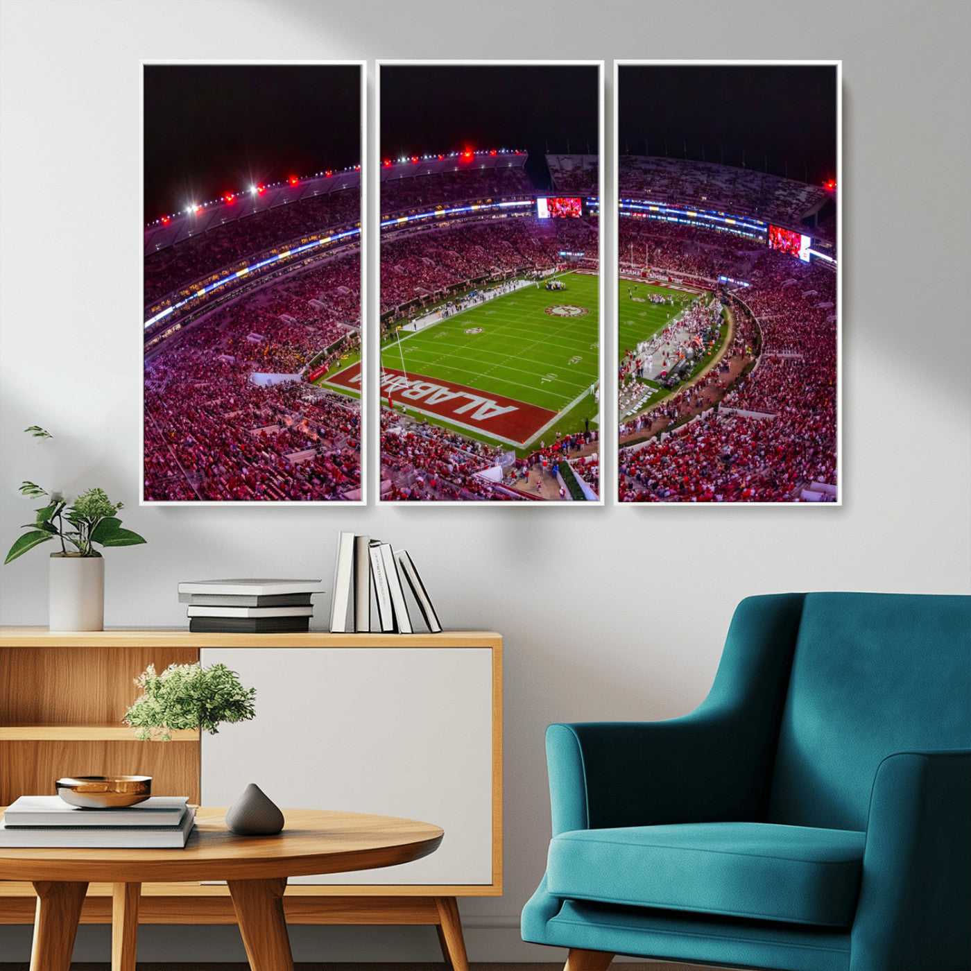 MGV-FC-48X32-3P - Bryant-Denny Stadium Night Game Triple Canvas Wall Art - Alabama Crimson Tide Football Match