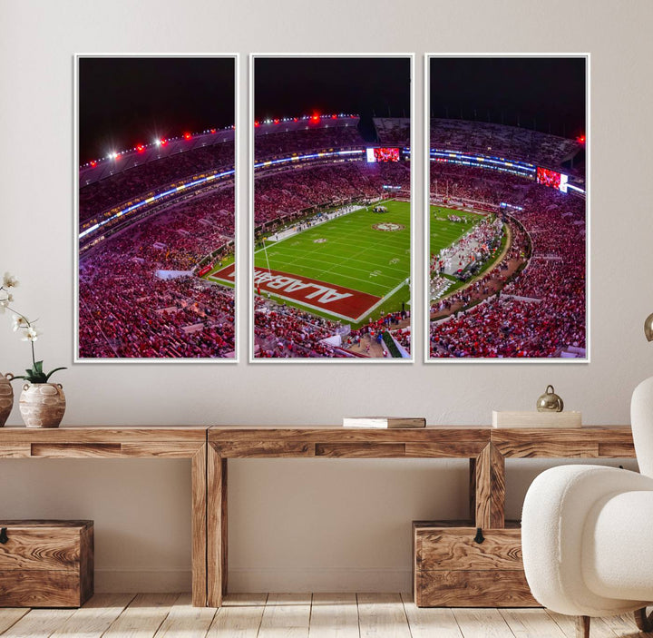 The living room features a Bryant-Denny Stadium Night Game Triple Canvas Wall Art.