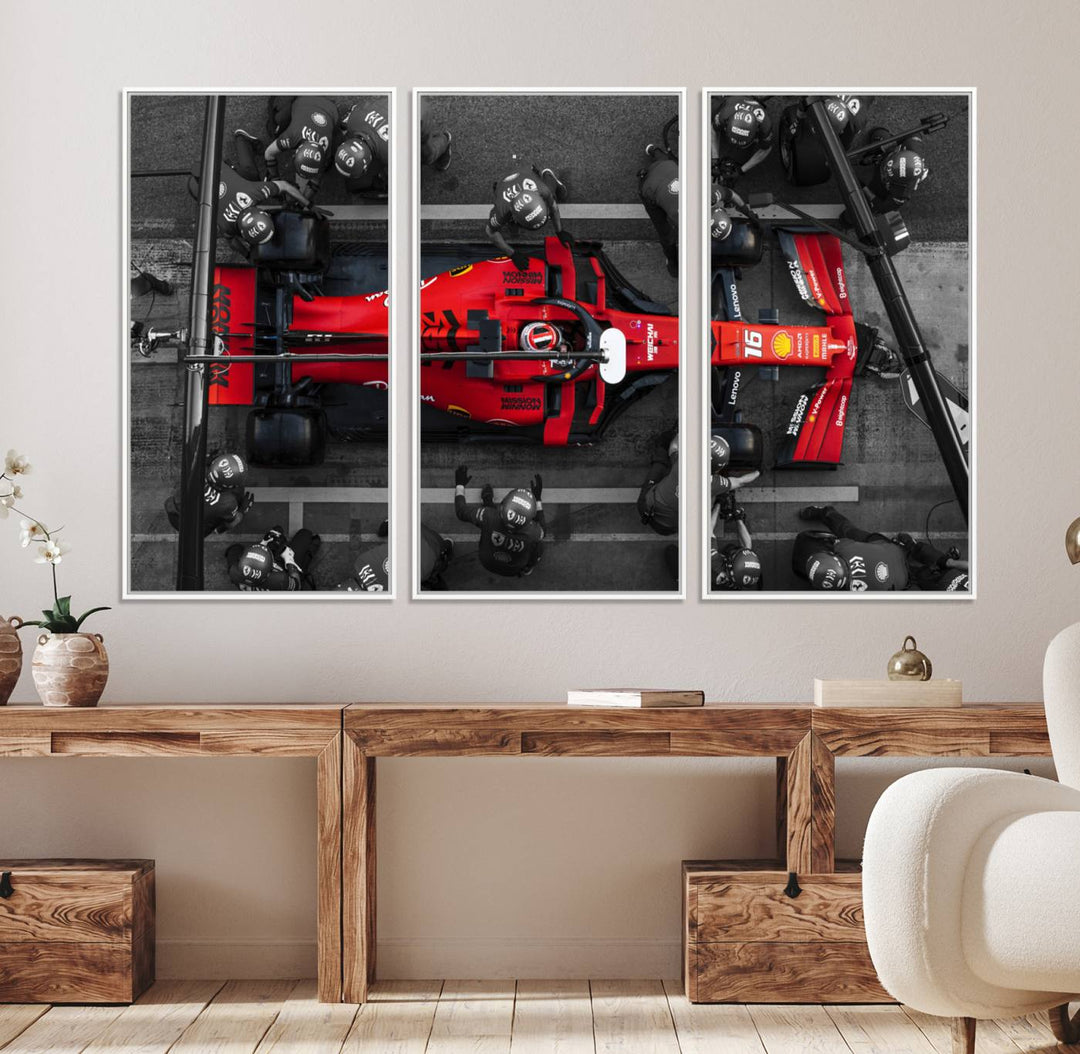 Ferrari Pit Stop Canvas Wall Art displayed prominently in the living room.