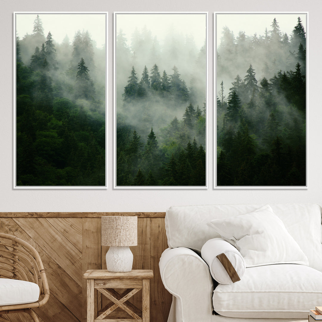 Misty Forest Wall Art Canvas Print - Foggy Forest Landscape Canvas Wall Art – Serene Triptych Nature Print – Woodland Landscape Decor