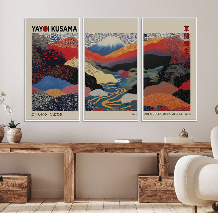 The room showcases Kusamas 1986 vibrant abstract landscape wall art print.