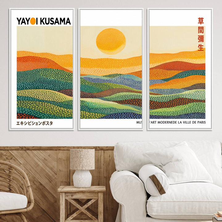 Framed Yayoi Kusama 1986 Wall Art: A vibrant abstract landscape featuring Wabi Sabi hills and a sun, created by the Japanese artist.