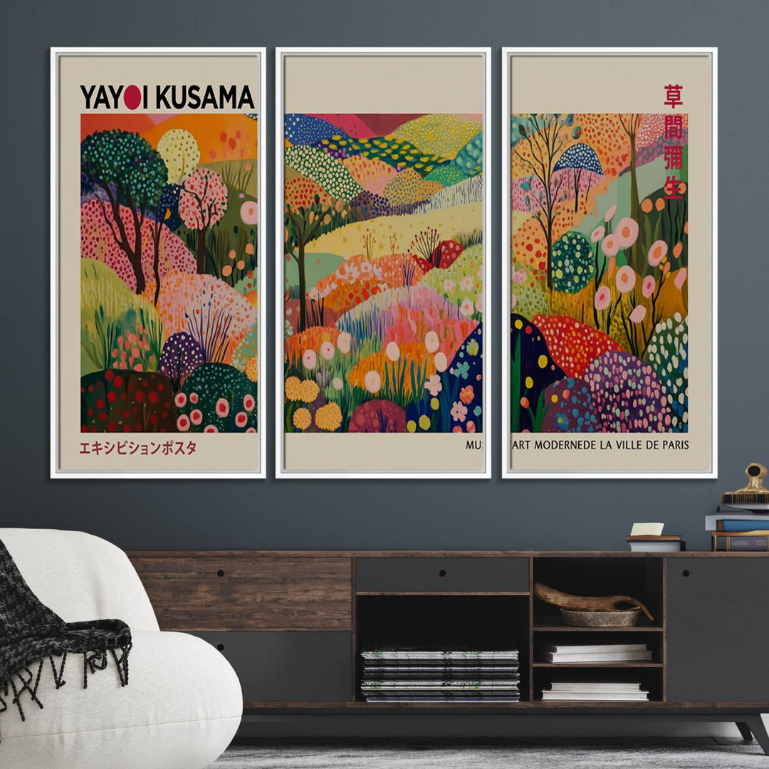 The Framed Yayoi Kusama 1986 Wall Art Print brings vibrant abstract landscapes to enhance the wooden wall.