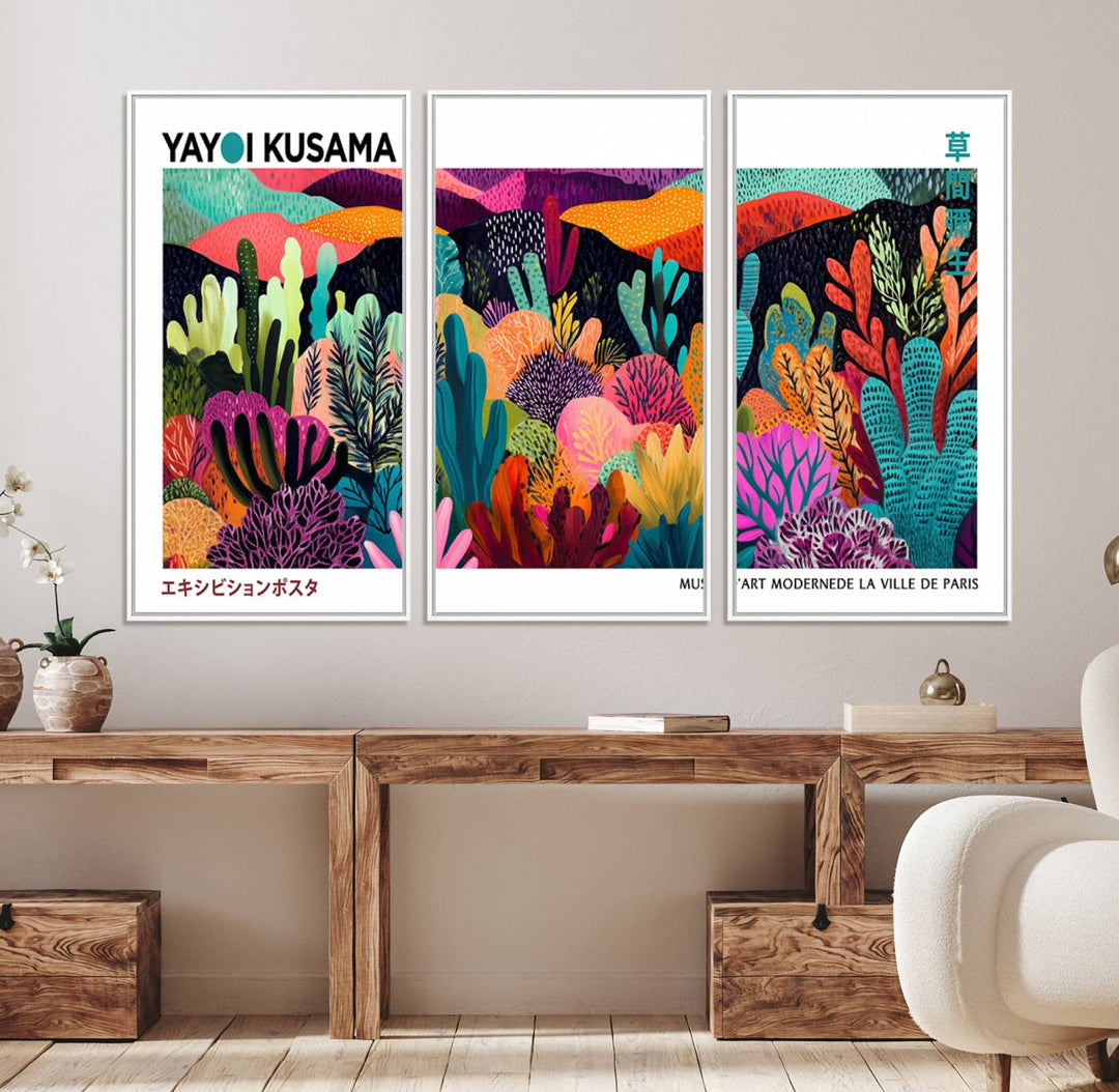 Yayoi Kusamas vibrant abstract landscape print.