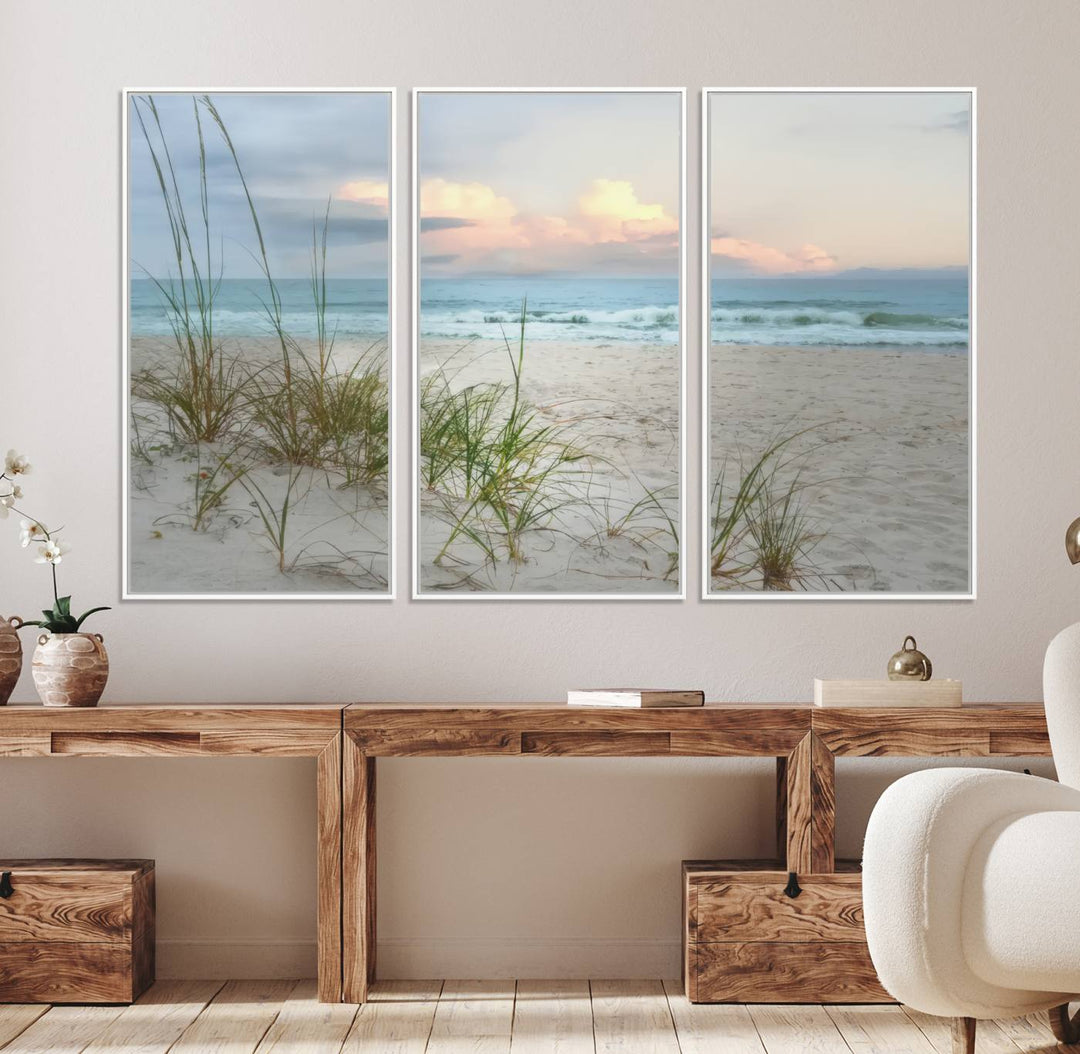 Flight Over Coastal Beach print on UV canvas displayed against white walls.