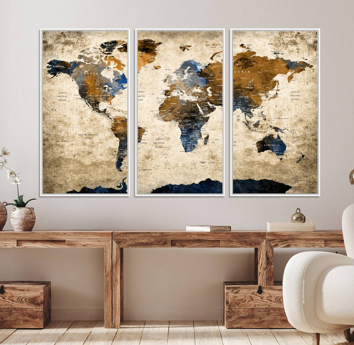 A Vintage World Map Canvas featuring brown, blue, and white on a textured background. Ideal for wall art in living rooms or offices.