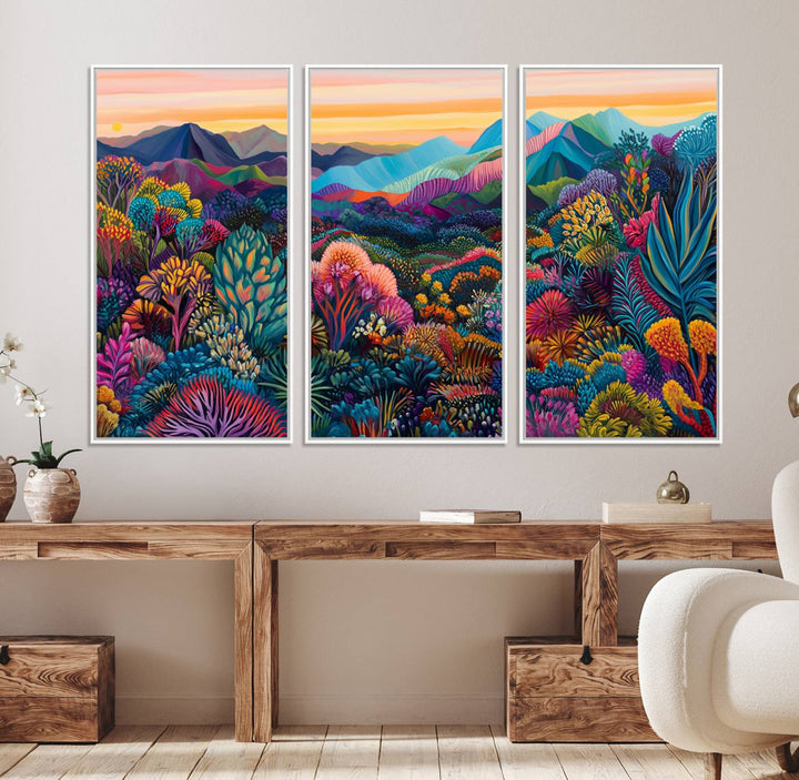 A colorful abstract wall art print canvas adorns the space.