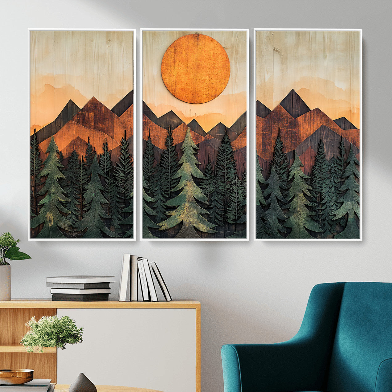 77739-MGV-CV-36X24 - Wood Style Sunset Mountain Landscape Canvas Wall Art Print - Nature Decor for Living Room, Office