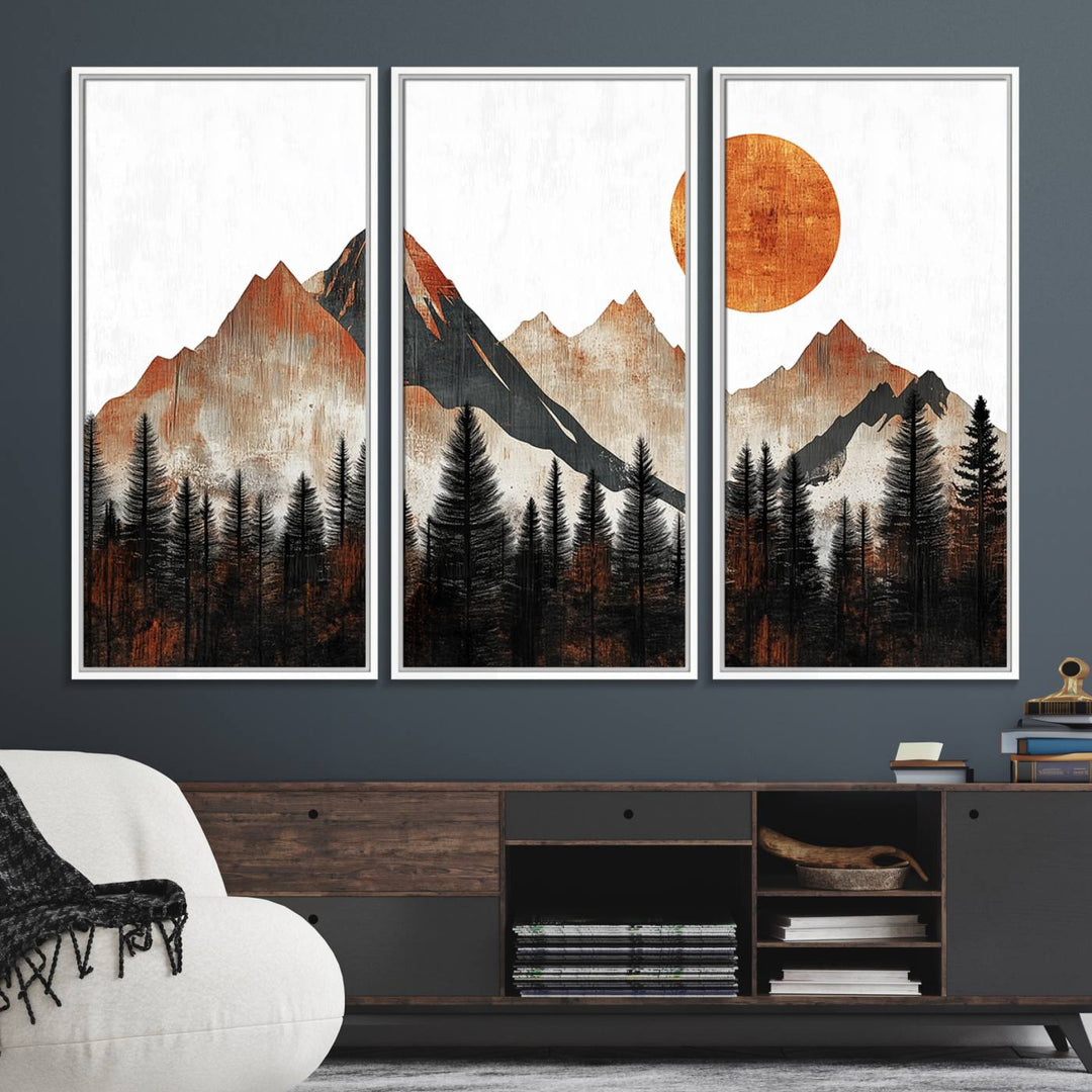 The "Modern Abstract Mountain Canvas Wall Art Print" in the living room features an abstract landscape of mountains, trees, and a warm-toned sun.