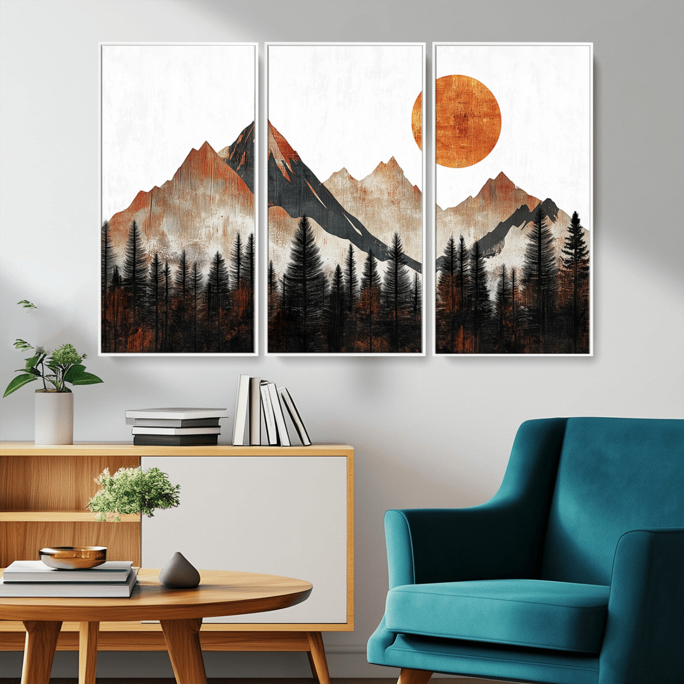 MGV-FC-48X32-3P - Modern Abstract Mountain Canvas Wall Art Print, Abstract Landscape Print, Rustic Sun and Mountains