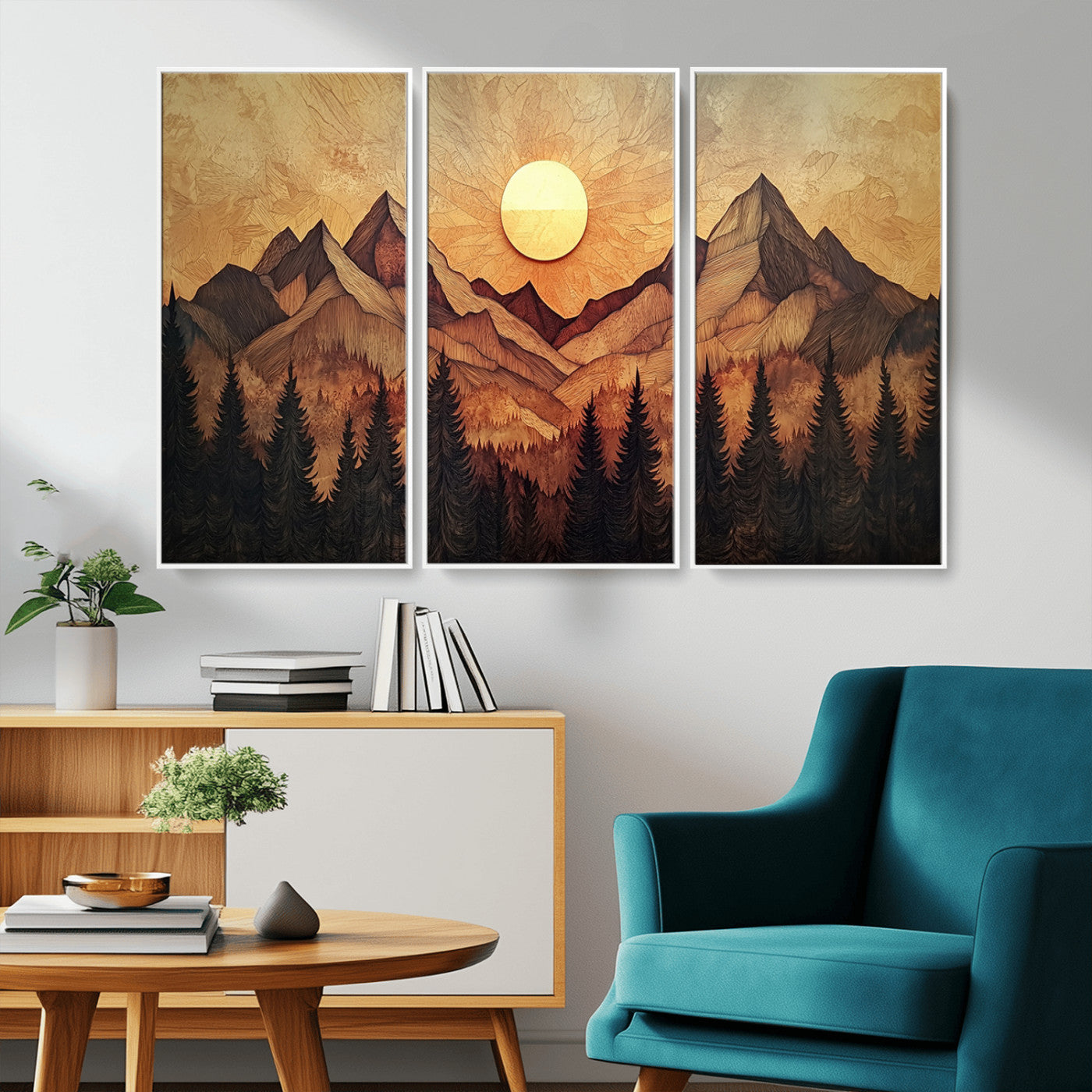 MGV-FC-48X32-3P - Wood Style Abstract Mountain Sunset Canvas Wall Art Print - Warm Earth Nature-Inspired Decor for