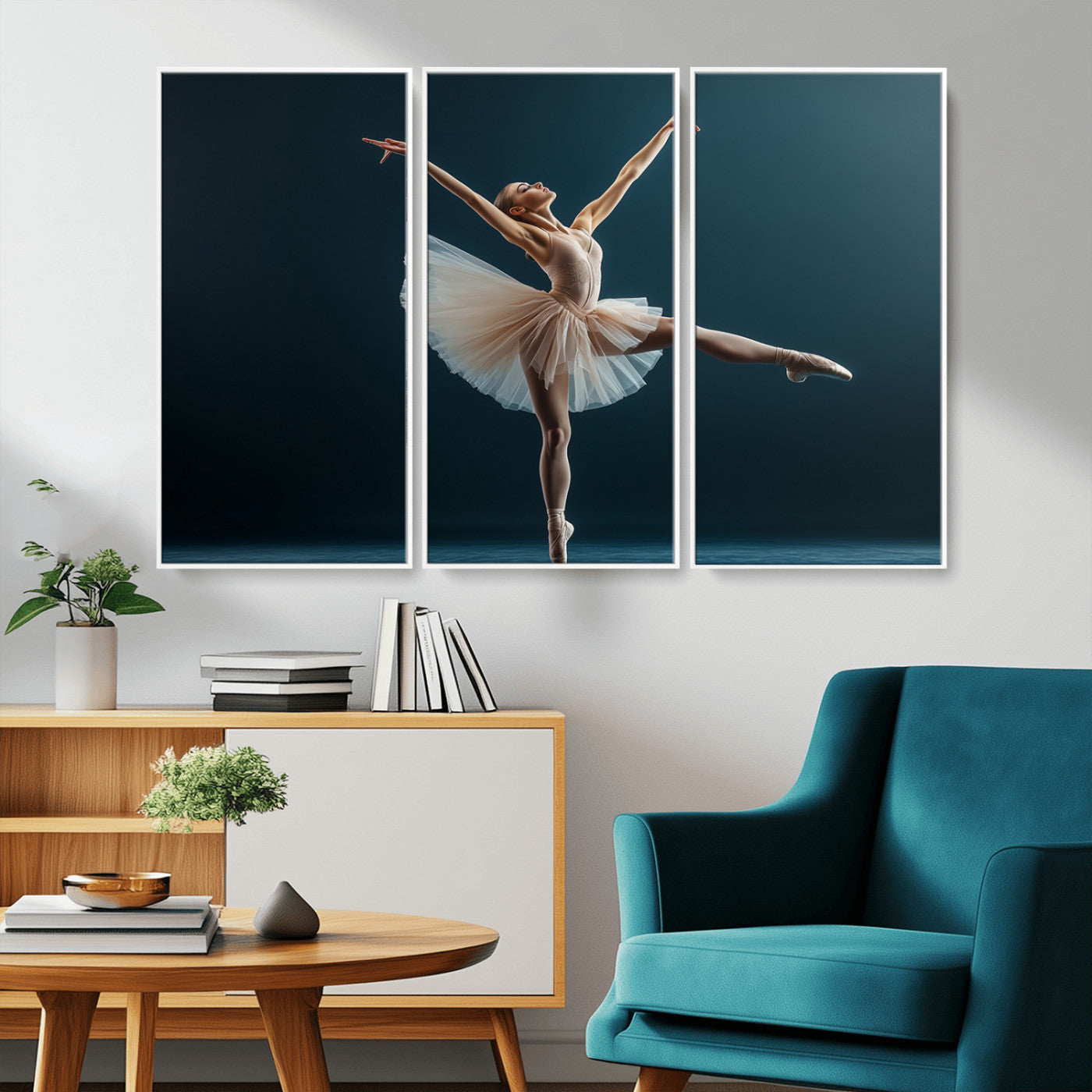 An elegant ballerina captured mid-pose on pointe, radiating grace and strength in a perfectly lit studio setting, her tutu fanned out in delicate symmetry.