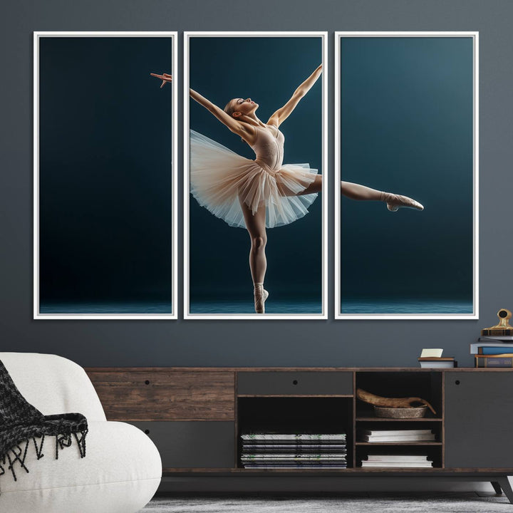 This stunning Ballerina Canvas Wall Art Print captures the elegance of a ballet dancer in motion, beautifully highlighted against a stage-like backdrop with delicate decor and natural elements. As graceful dance-inspired wall decor, it adds an element of grace and movement to any living room, office, or bedroom and is ready to hang.