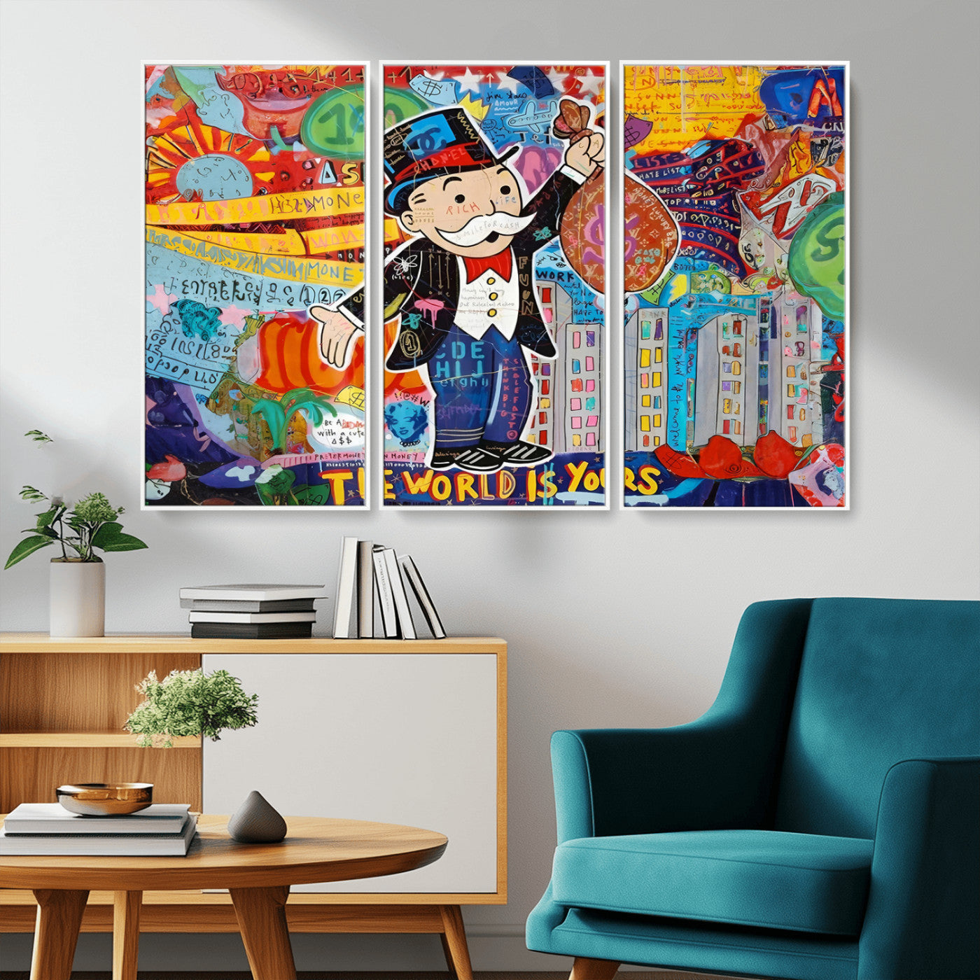 MGV-FC-48X32-3P - Pop Art Monopoly Man Canvas Wall Art Print - Bold and Colorful Street Art-Inspired Decor for Living