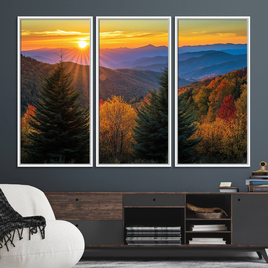 Golden Sunset Over Mountain Forest Canvas Wall Art Print - Warm Nature-Inspired Landscape for Living Room, Dining Room, or Office, Ready to Hang