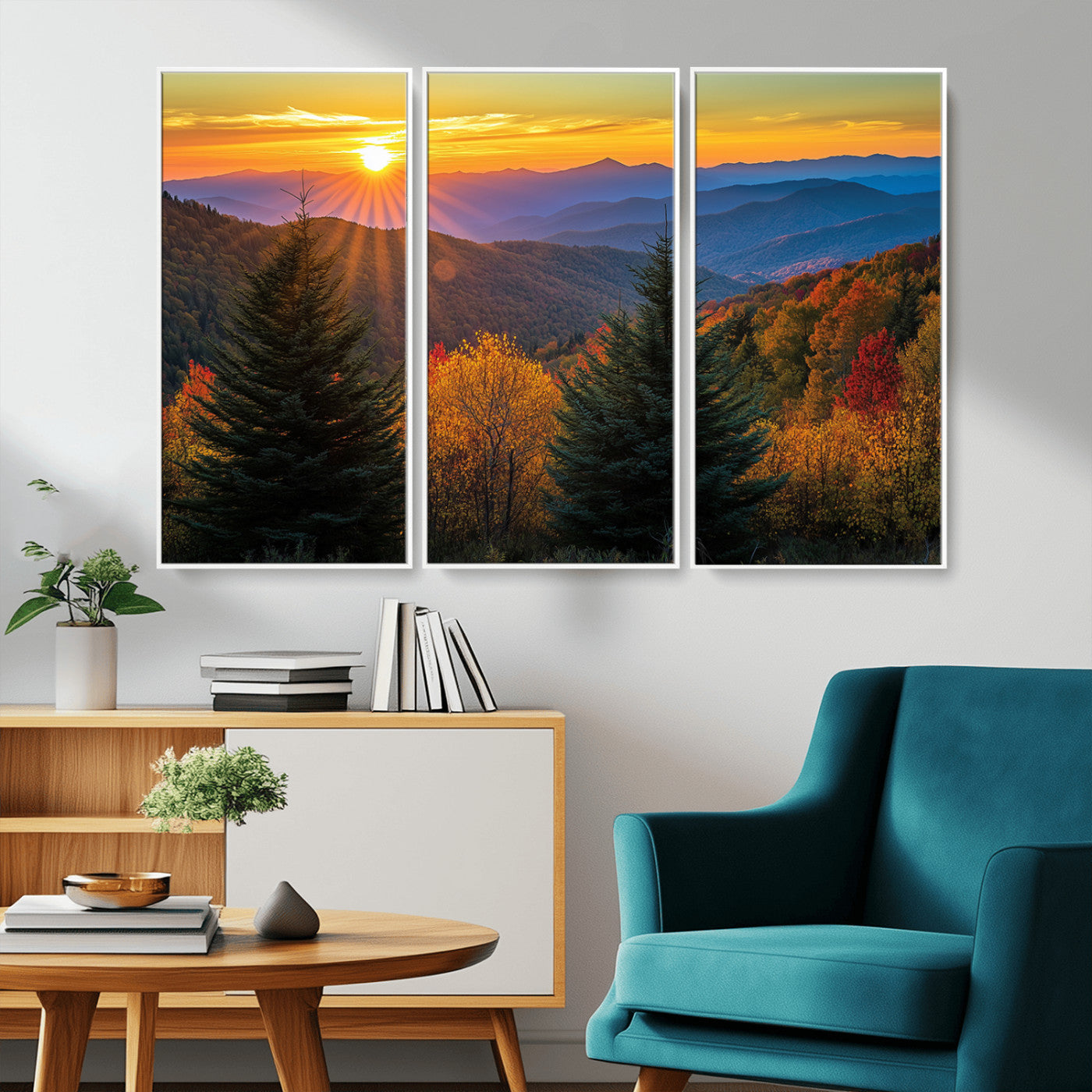 MGV-FC-48X32-3P - Golden Sunset Over Mountain Forest Canvas Wall Art Print - Warm Nature-Inspired Landscape for Living