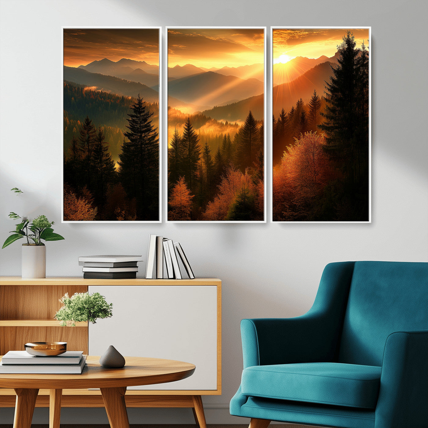 MGV-FC-48X32-3P - Golden Sunset Over Mountain Forest Canvas Wall Art Print - Warm Nature Landscape Print